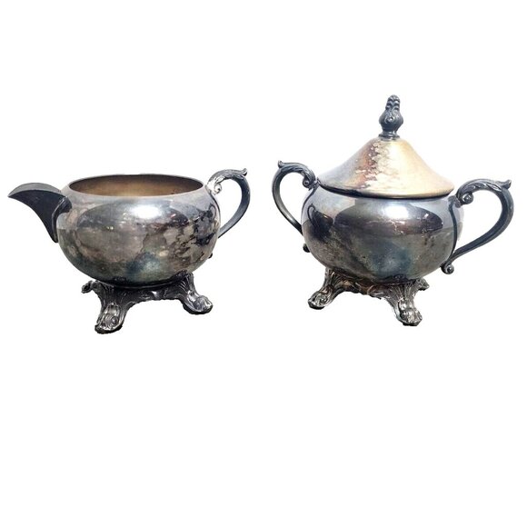 Vintage FB Rogers Silver Co Footed Sugar Bowl With Lid And Creamer Set Rare Find - Picture 1 of 14